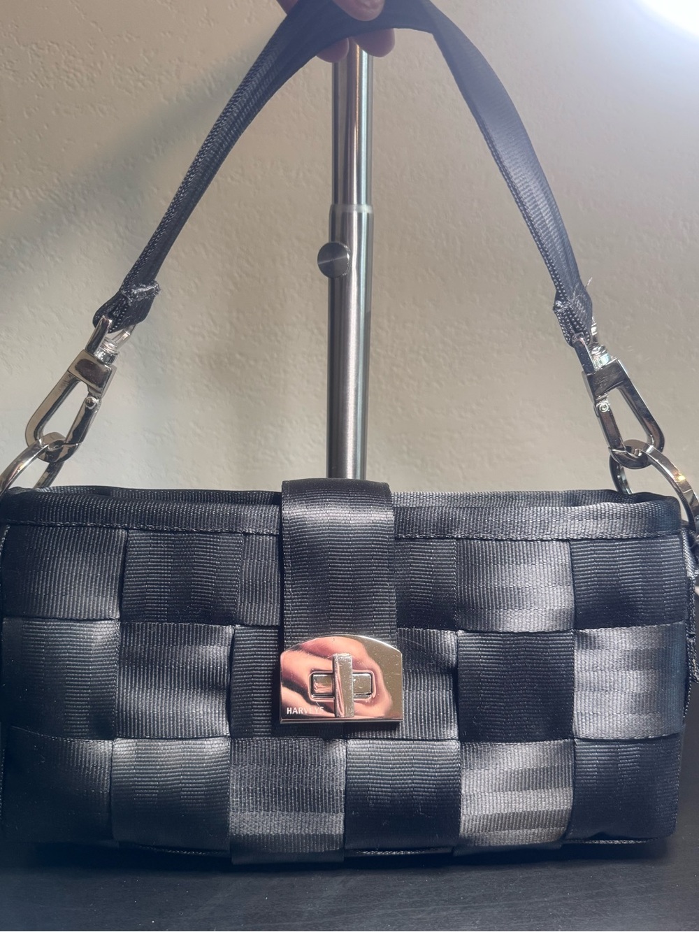 Harveys Black Satin Woven Shoulder Bag with Silver Turn-Lock